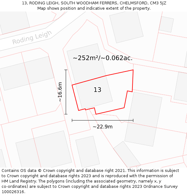 13, RODING LEIGH, SOUTH WOODHAM FERRERS, CHELMSFORD, CM3 5JZ: Plot and title map