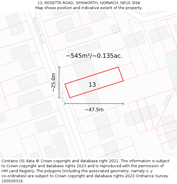 13, ROSETTA ROAD, SPIXWORTH, NORWICH, NR10 3NW: Plot and title map