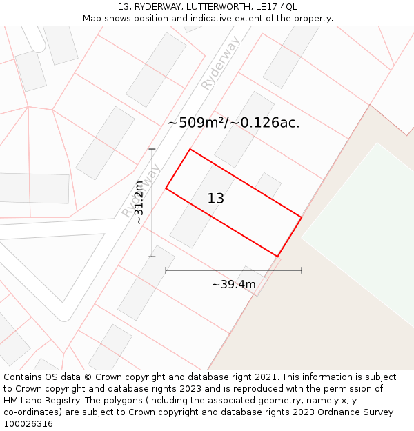 13, RYDERWAY, LUTTERWORTH, LE17 4QL: Plot and title map