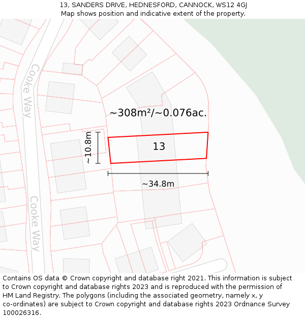 13, SANDERS DRIVE, HEDNESFORD, CANNOCK, WS12 4GJ: Plot and title map