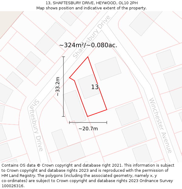 13, SHAFTESBURY DRIVE, HEYWOOD, OL10 2PH: Plot and title map