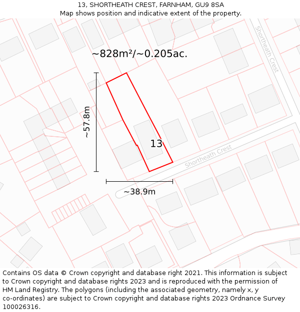 13, SHORTHEATH CREST, FARNHAM, GU9 8SA: Plot and title map