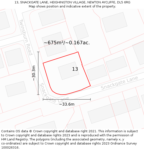 13, SNACKGATE LANE, HEIGHINGTON VILLAGE, NEWTON AYCLIFFE, DL5 6RG: Plot and title map