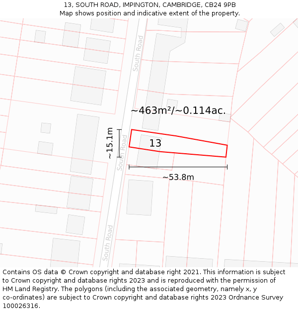 13, SOUTH ROAD, IMPINGTON, CAMBRIDGE, CB24 9PB: Plot and title map