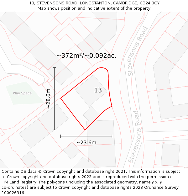 13, STEVENSONS ROAD, LONGSTANTON, CAMBRIDGE, CB24 3GY: Plot and title map