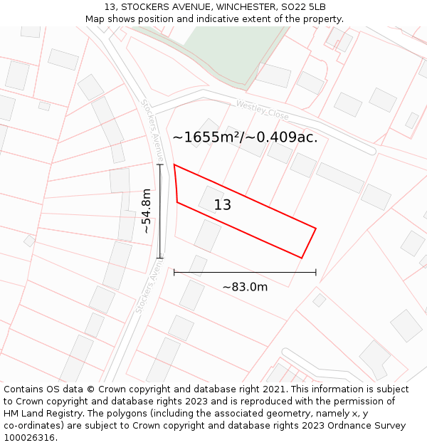 13, STOCKERS AVENUE, WINCHESTER, SO22 5LB: Plot and title map