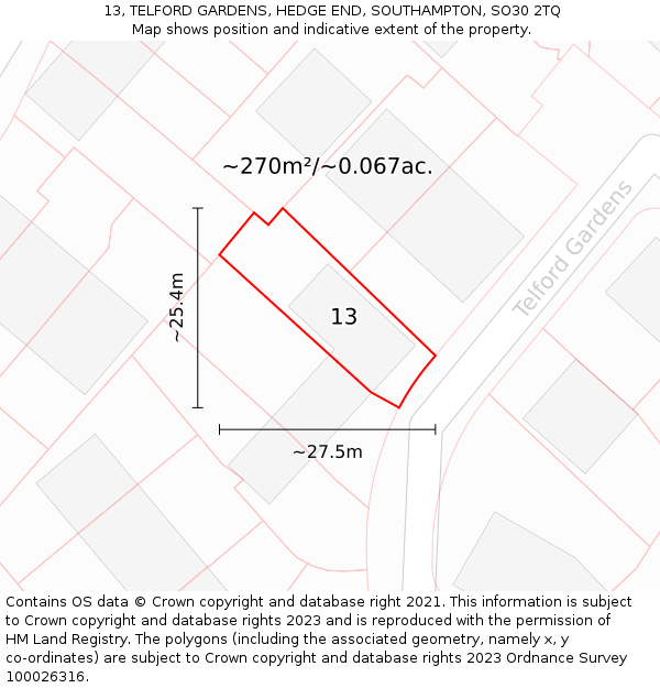 13, TELFORD GARDENS, HEDGE END, SOUTHAMPTON, SO30 2TQ: Plot and title map