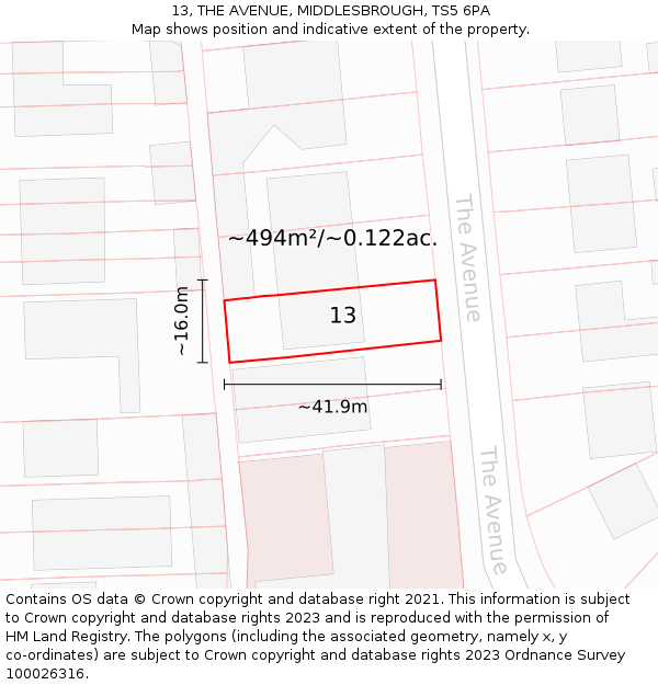 13, THE AVENUE, MIDDLESBROUGH, TS5 6PA: Plot and title map