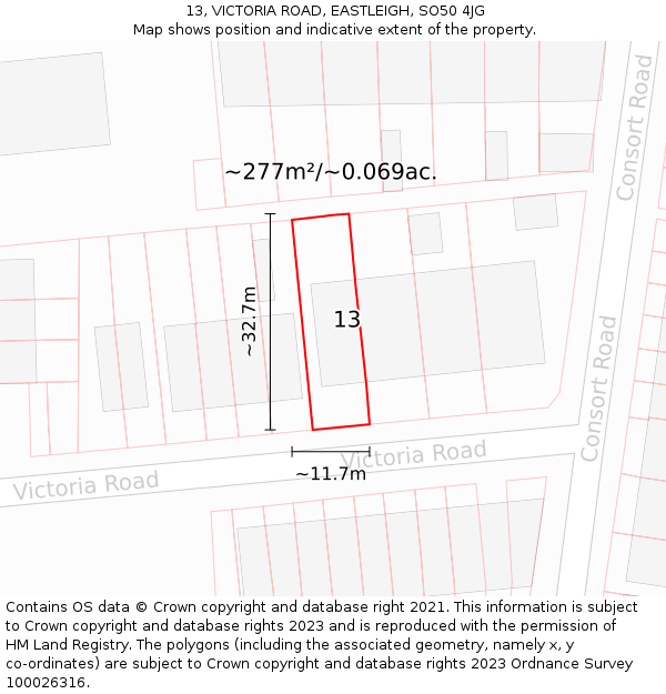 13, VICTORIA ROAD, EASTLEIGH, SO50 4JG: Plot and title map