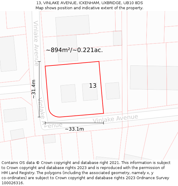 13, VINLAKE AVENUE, ICKENHAM, UXBRIDGE, UB10 8DS: Plot and title map