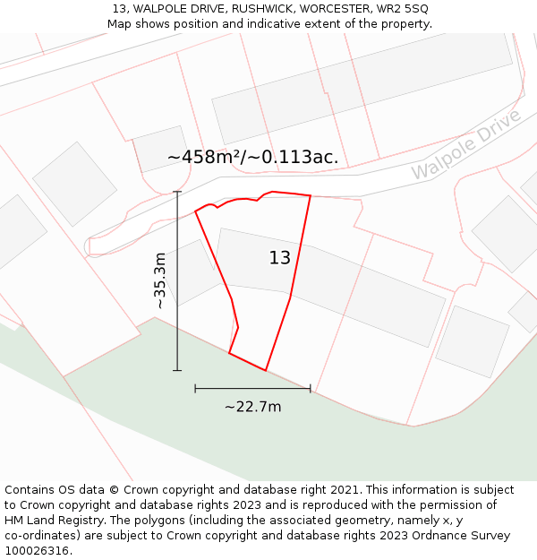 13, WALPOLE DRIVE, RUSHWICK, WORCESTER, WR2 5SQ: Plot and title map