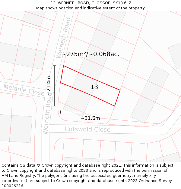 13, WERNETH ROAD, GLOSSOP, SK13 6LZ: Plot and title map