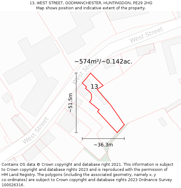 13, WEST STREET, GODMANCHESTER, HUNTINGDON, PE29 2HG: Plot and title map