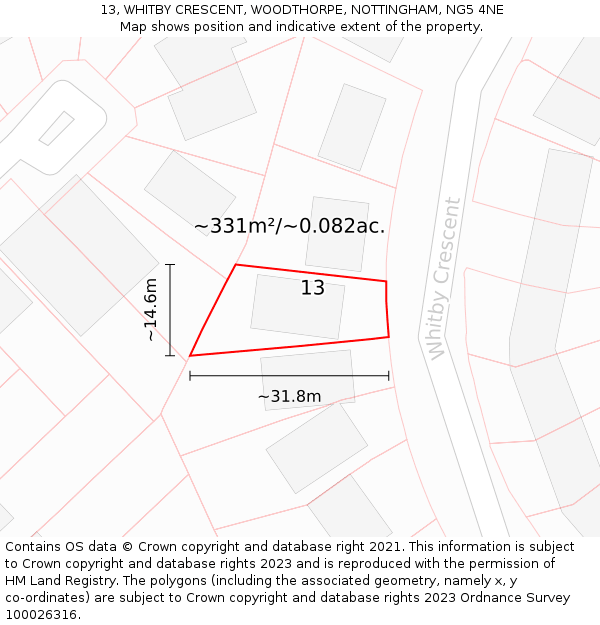 13, WHITBY CRESCENT, WOODTHORPE, NOTTINGHAM, NG5 4NE: Plot and title map