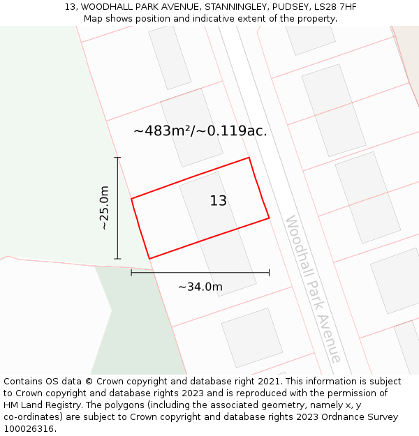 13, WOODHALL PARK AVENUE, STANNINGLEY, PUDSEY, LS28 7HF: Plot and title map