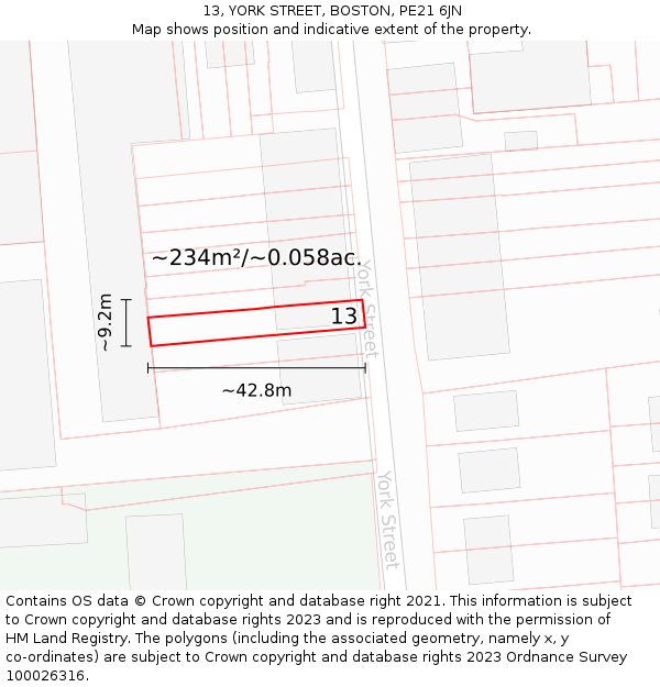 13, YORK STREET, BOSTON, PE21 6JN: Plot and title map