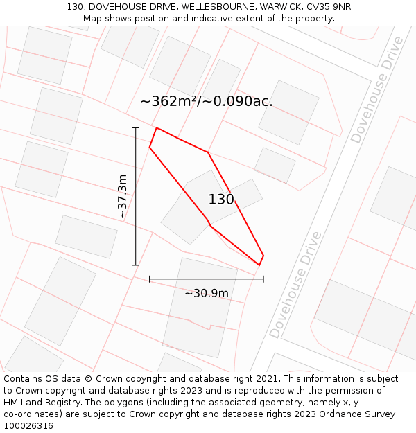130, DOVEHOUSE DRIVE, WELLESBOURNE, WARWICK, CV35 9NR: Plot and title map