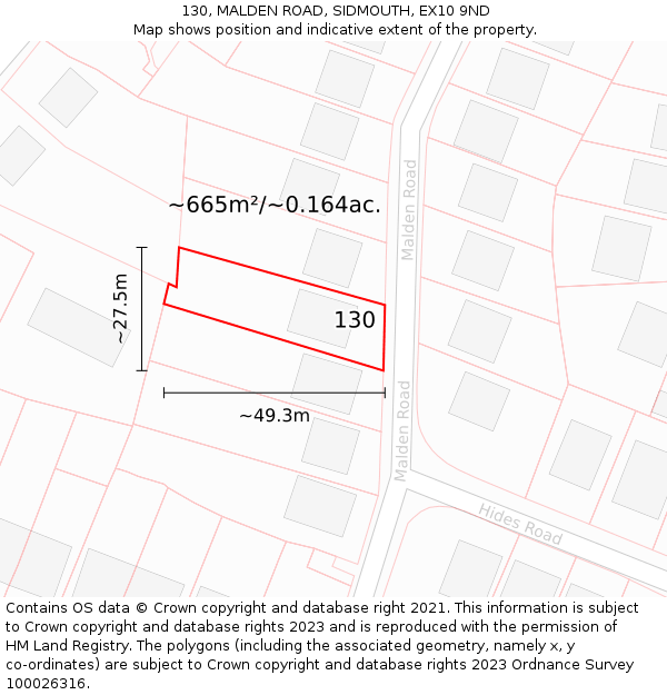 130, MALDEN ROAD, SIDMOUTH, EX10 9ND: Plot and title map