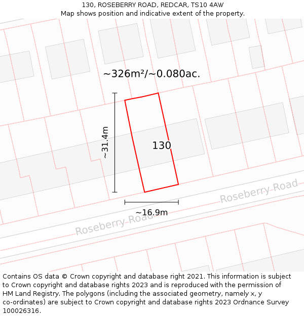 130, ROSEBERRY ROAD, REDCAR, TS10 4AW: Plot and title map