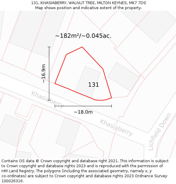 131, KHASIABERRY, WALNUT TREE, MILTON KEYNES, MK7 7DS: Plot and title map