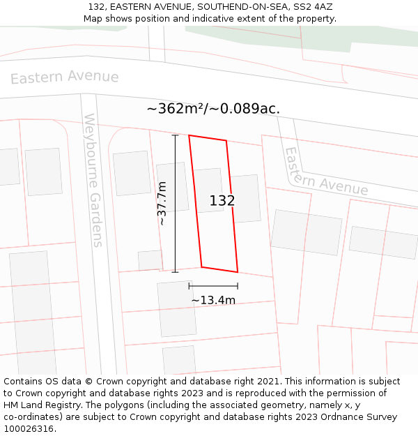 132, EASTERN AVENUE, SOUTHEND-ON-SEA, SS2 4AZ: Plot and title map