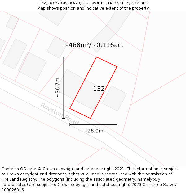 132, ROYSTON ROAD, CUDWORTH, BARNSLEY, S72 8BN: Plot and title map