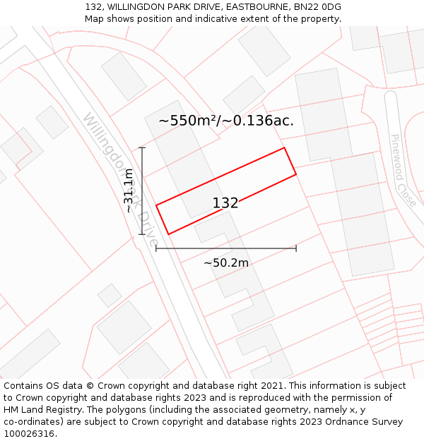 132, WILLINGDON PARK DRIVE, EASTBOURNE, BN22 0DG: Plot and title map