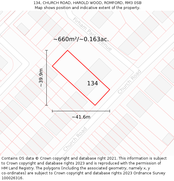 134, CHURCH ROAD, HAROLD WOOD, ROMFORD, RM3 0SB: Plot and title map