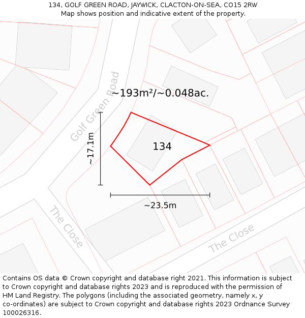 134, GOLF GREEN ROAD, JAYWICK, CLACTON-ON-SEA, CO15 2RW: Plot and title map