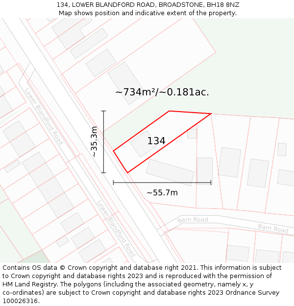 134, LOWER BLANDFORD ROAD, BROADSTONE, BH18 8NZ: Plot and title map