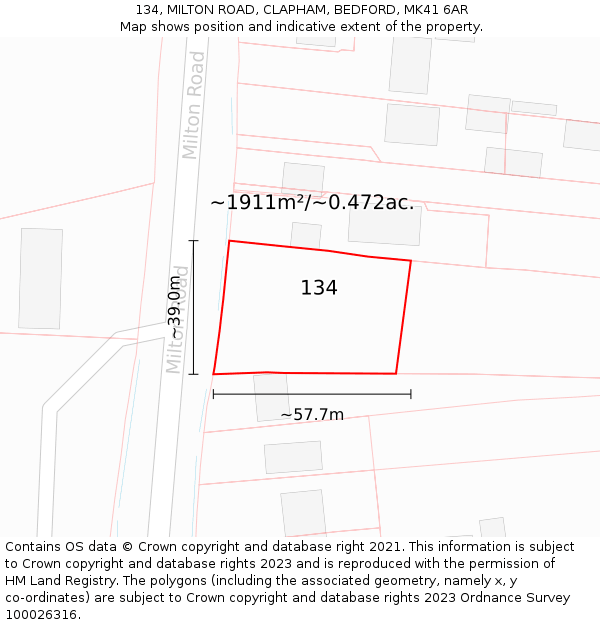 134, MILTON ROAD, CLAPHAM, BEDFORD, MK41 6AR: Plot and title map