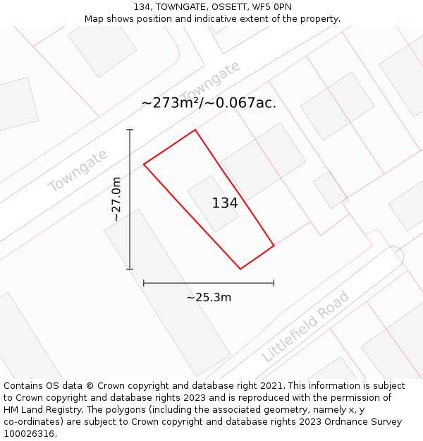 134, TOWNGATE, OSSETT, WF5 0PN: Plot and title map