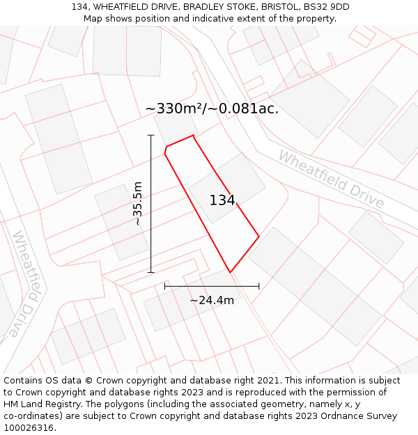 134, WHEATFIELD DRIVE, BRADLEY STOKE, BRISTOL, BS32 9DD: Plot and title map