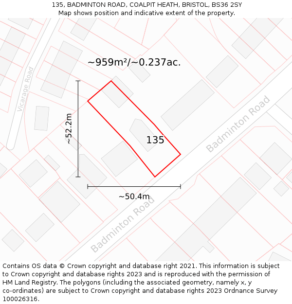 135, BADMINTON ROAD, COALPIT HEATH, BRISTOL, BS36 2SY: Plot and title map