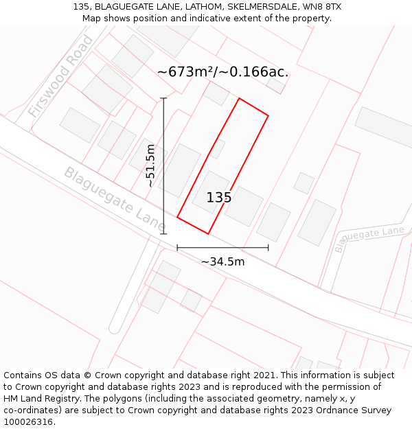 135, BLAGUEGATE LANE, LATHOM, SKELMERSDALE, WN8 8TX: Plot and title map