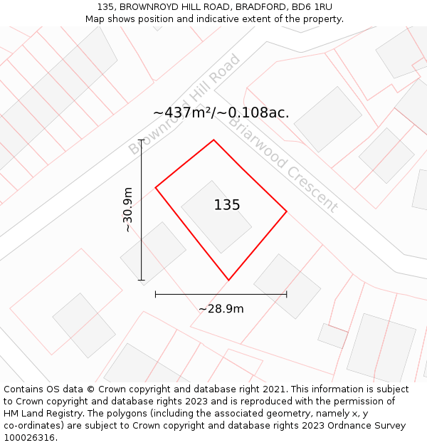 135, BROWNROYD HILL ROAD, BRADFORD, BD6 1RU: Plot and title map