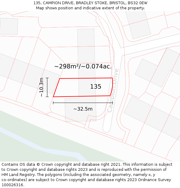 135, CAMPION DRIVE, BRADLEY STOKE, BRISTOL, BS32 0EW: Plot and title map