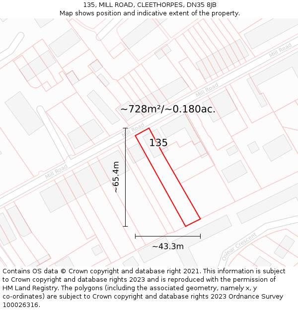 135, MILL ROAD, CLEETHORPES, DN35 8JB: Plot and title map