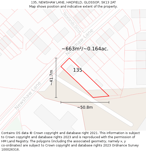 135, NEWSHAW LANE, HADFIELD, GLOSSOP, SK13 2AT: Plot and title map