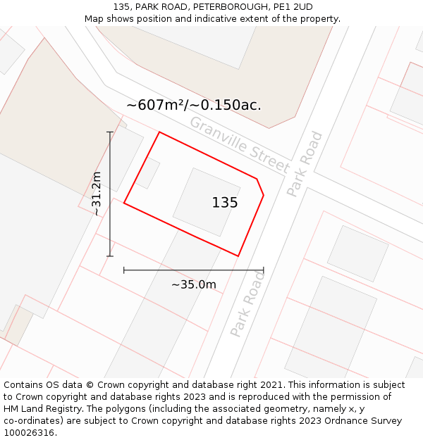 135, PARK ROAD, PETERBOROUGH, PE1 2UD: Plot and title map