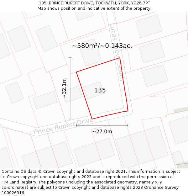 135, PRINCE RUPERT DRIVE, TOCKWITH, YORK, YO26 7PT: Plot and title map