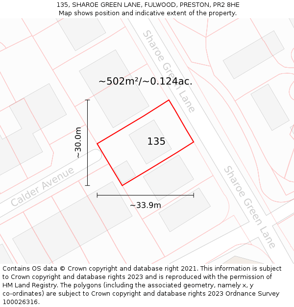 135, SHAROE GREEN LANE, FULWOOD, PRESTON, PR2 8HE: Plot and title map