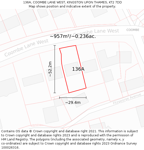 136A, COOMBE LANE WEST, KINGSTON UPON THAMES, KT2 7DD: Plot and title map