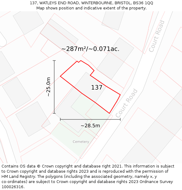 137, WATLEYS END ROAD, WINTERBOURNE, BRISTOL, BS36 1QQ: Plot and title map