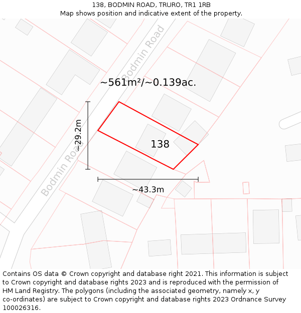 138, BODMIN ROAD, TRURO, TR1 1RB: Plot and title map