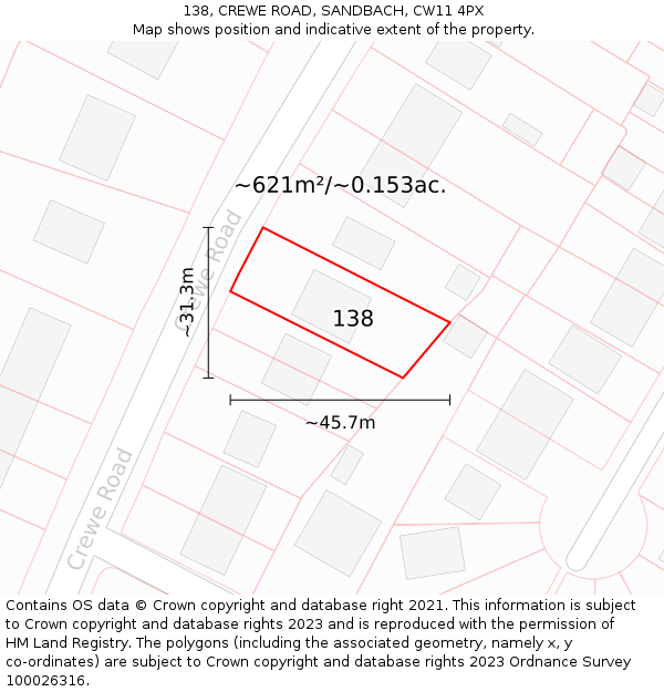 138, CREWE ROAD, SANDBACH, CW11 4PX: Plot and title map