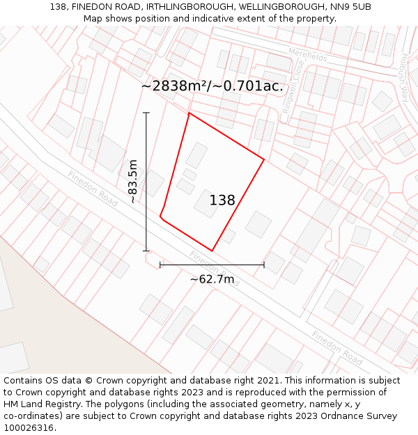 138, FINEDON ROAD, IRTHLINGBOROUGH, WELLINGBOROUGH, NN9 5UB: Plot and title map