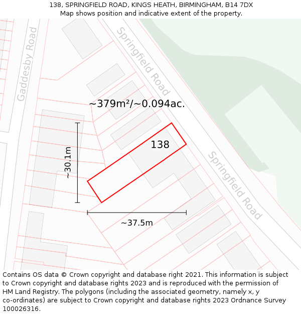 138, SPRINGFIELD ROAD, KINGS HEATH, BIRMINGHAM, B14 7DX: Plot and title map