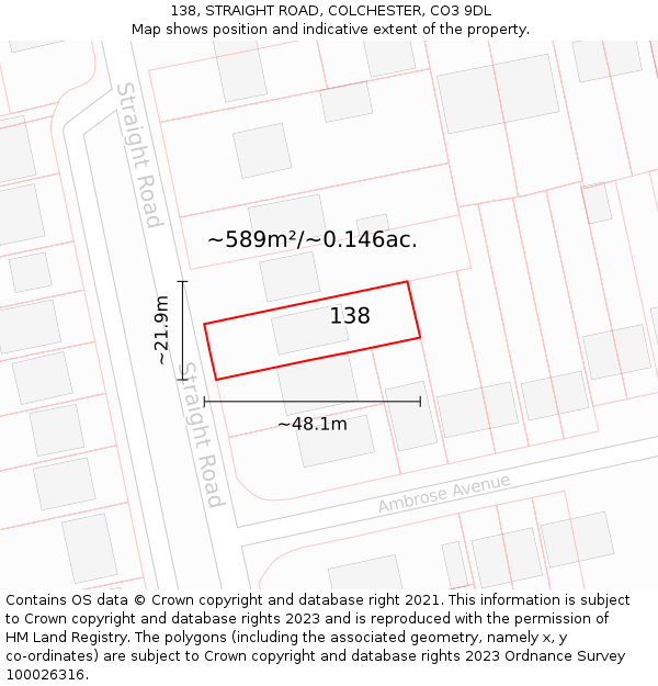 138, STRAIGHT ROAD, COLCHESTER, CO3 9DL: Plot and title map