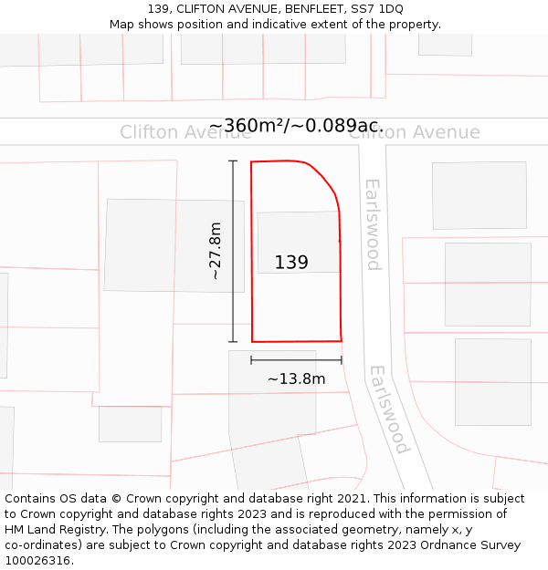 139, CLIFTON AVENUE, BENFLEET, SS7 1DQ: Plot and title map